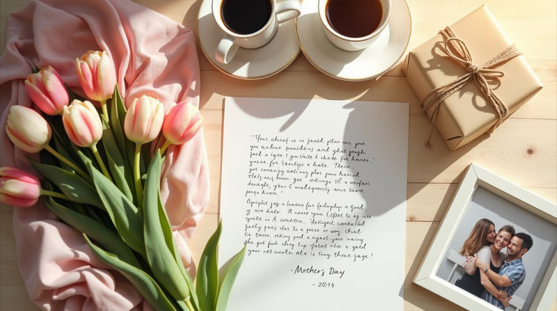 Elegantný flat-lay darček na Materinský deň: list, tulipány, vinyl, kávy - Melodun Magazine
